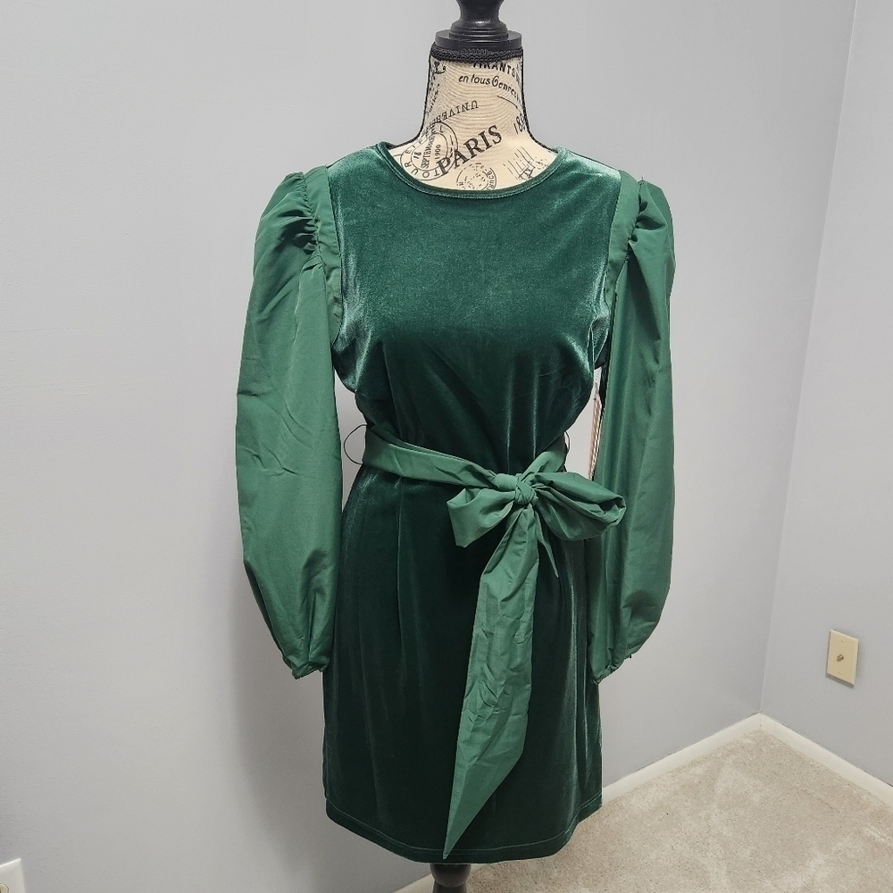 LDT Hannah NWT Stretch Velvet Bow Sash Crew Neck Puff Long Sleeve Dress Size 6 - Picture 2 of 12